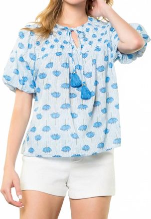 THML Clothing Puff Sleeve Flower Print Top In Blue