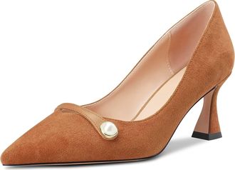 Castamere Women Chunky Block Mid Heel Pointed Toe Slip-on Pumps Court Shoe Wedding Office 6.5 CM Heels Brown 4 UK