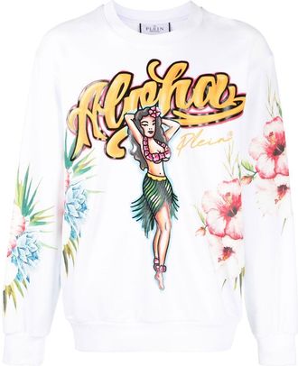 Philipp Plein Hawaii-print sweatshirt - men - Cotton - 5XL - White