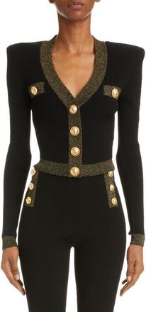 Balmain Metallic Trim V-Neck Cardigan in Black/Gold at Nordstrom, Size 10 Us