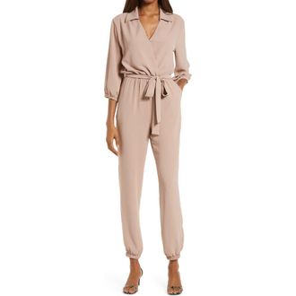 Fraiche by J Tie Waist Long Sleeve Jumpsuit in Beige/khaki at Nordstrom, Size Large