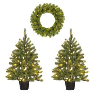 Black Box Trees Lote de 2 &aacute;rboles de Navidad y 1 corona para exterior LED