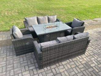 Fimous Rattan Outdoor Garden Furniture Sofa Set Gas Fire Pit Dining Table Gas Heater with 3 Seater Sofa Recling Chair 8 Seater in Dark Grey