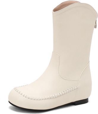 Generic Womens Round Toe PU Leather Mid-Calf Boots Side Zipper Retro Style Comfortable Non Slip Durable For Casual Daily Office Autumn Winter Wear,White,7.5 U