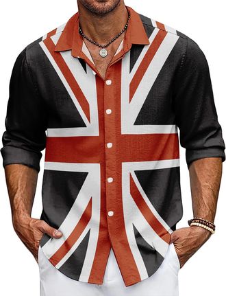 Generic Mens Union Jack Shirt Great Britain Bunting Flags Print Long Sleeve Shirts Casual Button Down Shirt (UK, Alpha, 4XL, Regular, Regular, 6)