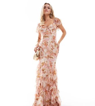 Asos Petite ASOS DESIGN Petite - Vestito lungo rosa con stampa a fiori, gonna godet con volant e manica con volant-Multicolore