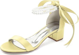 Generic Womens Low Open Toe Bridal Heels Chunky Heel Pearl Wedding Shoes Prom, Evening Party, Dress Pumps 4.5Cm,Yellow,10 UK