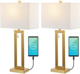 Jonathan Y Designs Sabrina 28.5 Vintage Industrial Iron LED Table Lamp with Pull-Chain and USB Charging Port in Brass Gold at Nordstrom