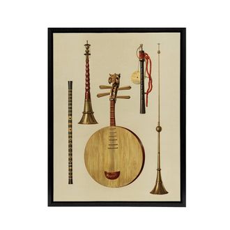 Artery8 Japanese Musical Instruments Gibb Vintage Black Framed Canvas Wall Art in Beige | Size: W24 x H32