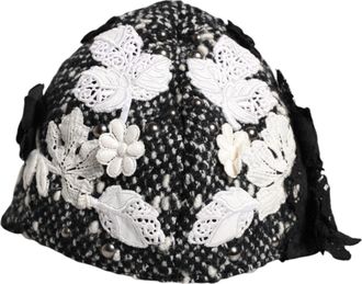 Dolce & Gabbana Womens Black Wool White Floral Embellished Cloche Hat And