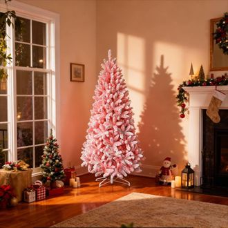Shatchi Pink Flocked Christmas Tree - Snow Effect Branch Tips | Size: 7ft