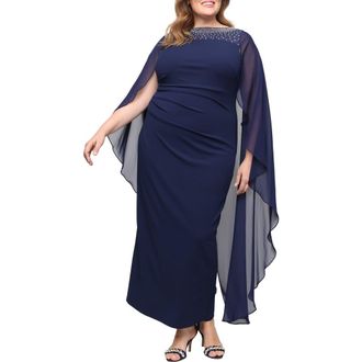 Alex Evenings Cape Sleeve Crepe Column Gown in Navy at Nordstrom, Size 18W