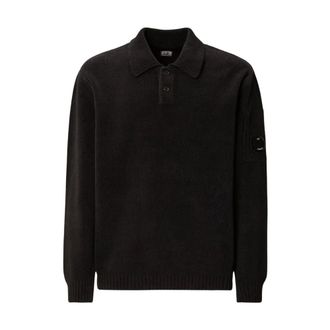 C.P. Company Polo Shirts, male, Blue, Size: S Cotton Chenille Polo Lens Sweater