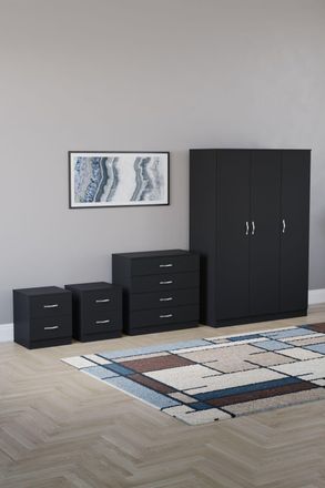 Home Discount Vida Designs 4Pc Bedroom Set 2xBedside, 4 Drawer Chest, 3 Dr Wardrobe in Black
