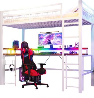 STILVORA Cama Alta 90 X 200 Cm Con Escritorio, Led Ajustable, Usb, Tipo-c Y 2 Enchufes, Sin Colch&oacute;n, De Metal, Blanco