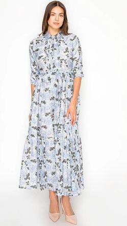 YAL New York Shirt Collar Floral Maxi with Tie Waist