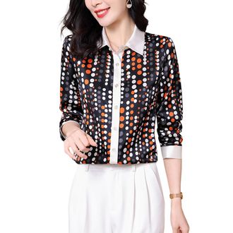 Dissa Women Silk Shirts Polka dot Work Office Button Down Shirt Classic Long Sleeve Silk Blouses Tops,UK 12,S9218 Black