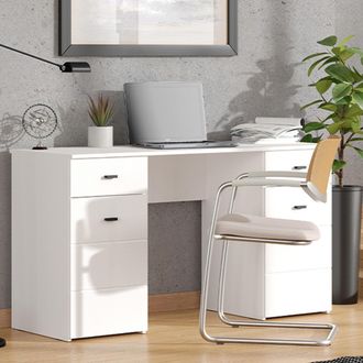 Dmora Escritorio Ziro, 2 Cajones, 3 Estantes, 2 Puertas, 140x50x77h Cm Blanco Mate