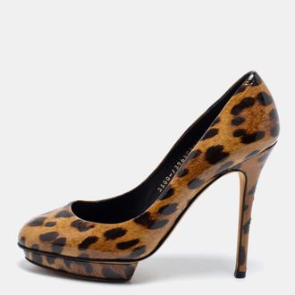 Gina Brown Leopard Print Patent Leather Round Toe Pumps