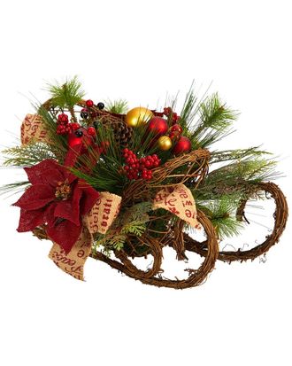 Nearly Natural 18In Christmas Sleigh With Poinsettia, Berries And Pinecone Artificial Arrangement With Ornaments