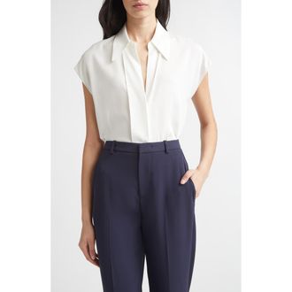 Vince Cap Sleeve Stretch Silk Button-Up Shirt in Chalk at Nordstrom, Size Xx-Small
