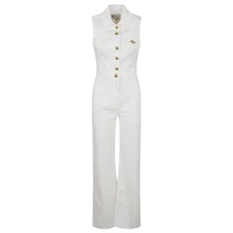 Elisabetta Franchi Jumpsuits, female, White, Size: S Denim Jumpsuit with Logo Detail