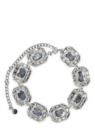 Self Portrait Geometric Silver Necklace With Rectangular Crystal Accents