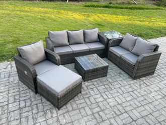 Fimous Rattan Garden Furniture 6 Piece Patio Set With Table Sofa Square Coffee Table Reclining Chair Loveseat sofa Big Footstool in Dark Grey