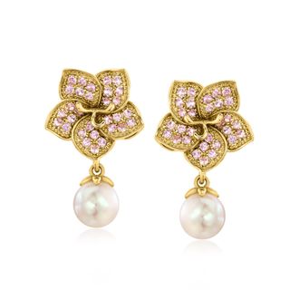 Ross-Simons 7-7.5mm Cultured Pearl and. Pink Sapphire Flower Drop Earrings in 18kt Gold Over Sterling