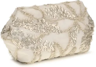 Brunello Cucinelli Womens Embroidered Silk Organza Clutch Feather Shoulder Bags