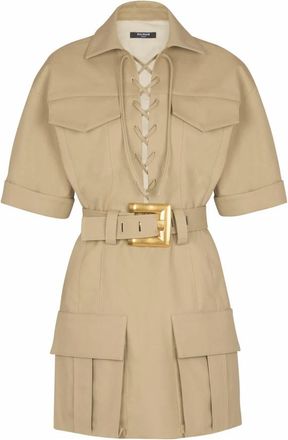 Balmain Korte katoenen gabardine jurk met veters - Dames - Korte kleedjes - Beige - S - Katoen - Kleedjes