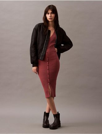 Calvin Klein Womens Smooth Cotton Rib Sweater Midi V-Neck Dress - Brown - XL