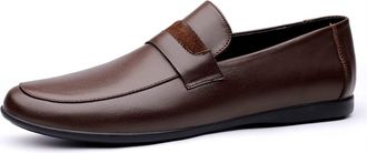 Generic Mens Shoe Loafers for Men Pin Grain Round Toe Genuine Leather Stitching Details Resistant Lightweight Flexible Anti-Slip Fashion Prom Slip On(Brown,5.