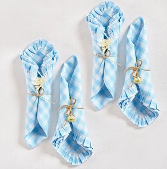 Solino Home Linen Dinner Napkins Set of 4, 20 x 20 Inch for Dining Table, Holiday and Everyday Table Decor - Gingham Ruffle in Blue Bell at