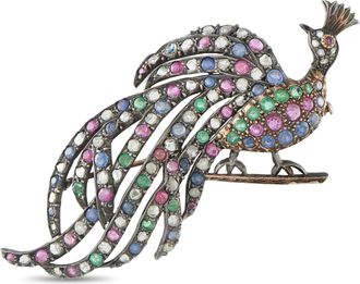 Luxury Bazaar Antique 14K Rose Gold and Silver Diamond, Ruby, Sapphire, and Emerald Peacock Brooch MF22-082526