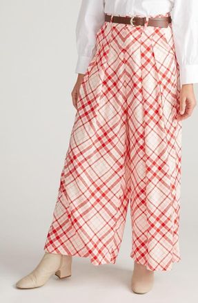 Universal Standard Cooling Cupro Wide Leg Pants in Red Check Print at Nordstrom, Size 2Xl
