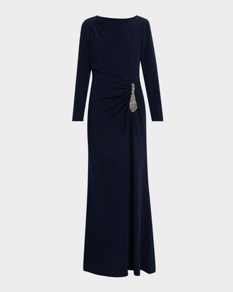 Teri Jon Ruched Crystal-Embellished Crepe Gown