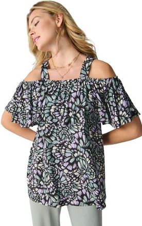 Jessica London Stretch Knit Cold Shoulder Ruffle Tunic in Grey Spruce Feather at Nordstrom, Size 28