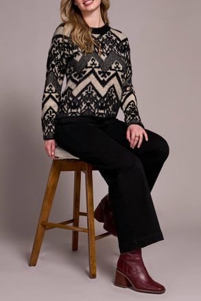 Tribal Double-Knit Eyelash Yarn Crew Neck Sweater In Black-0002