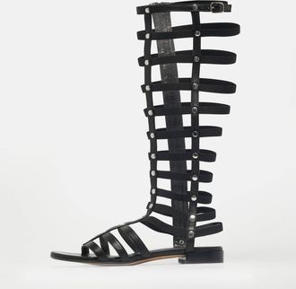 Stuart Weitzman Black Elastic And Leather Gladiator Flat Sandals