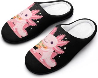 Generic Axolotl And Pizza Mens House Slippers Memory Foam Washable Cotton Slip on Home Shoes
