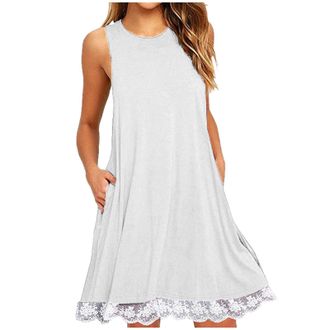 Generic Women Summer Tank Dresses, Casual Sleeveless Vest Skater Dress with Pocket & Lace Hem, Beach Cover Ups, Petite Ladies Swing A-Line Short Sundress My O