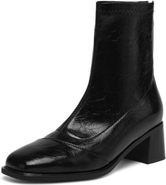 Generic Womens Square Toe Ankle Boots With Back Zipper Chunky Block Heels Comfortable Non-Slip Durable PU Leather For Daily Street Office Fall Winter Wear,Bla