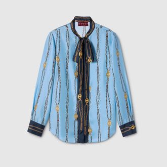Gucci Printed Silk Twill Shirt, Blue, Ready-to-wear