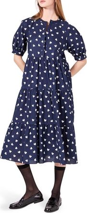 English Factory Heart Print Short Sleeve Tiered Cotton Midi Dress in Navy/White at Nordstrom Rack, Size X-Small