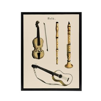 Artery8 Violin Guitar & Flutes Musical Vintage Black Framed Canvas Wall Art in Beige | Size: W24 x H32
