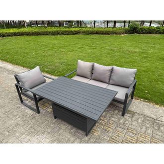 Fimous Fimous Aluminium Garden Furniture Set 3 Piece Aluminium Lounge Seating Adjustable Rising Lifting Dining Table Set with Cushions Dark Grey