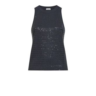 Brunello Cucinelli Brunello Cucinelli, Sleeveless Tops, female, Black, Size: L Dazzling Check Embroidery Top