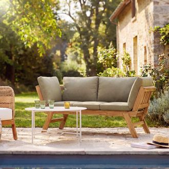 Maisons du monde Sof&aacute;-tumbona de exterior de 3/4 plazas de madera de acacia y poli&eacute;ster reciclado verde caqui