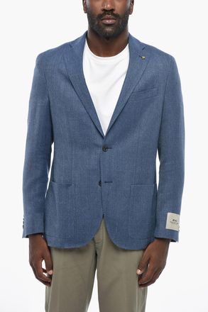 Corneliani CC COLLECTION Blazer a Due Bottoni a Motivo Wave in Lana Vergine e Lino con Rever Classico Corneliani